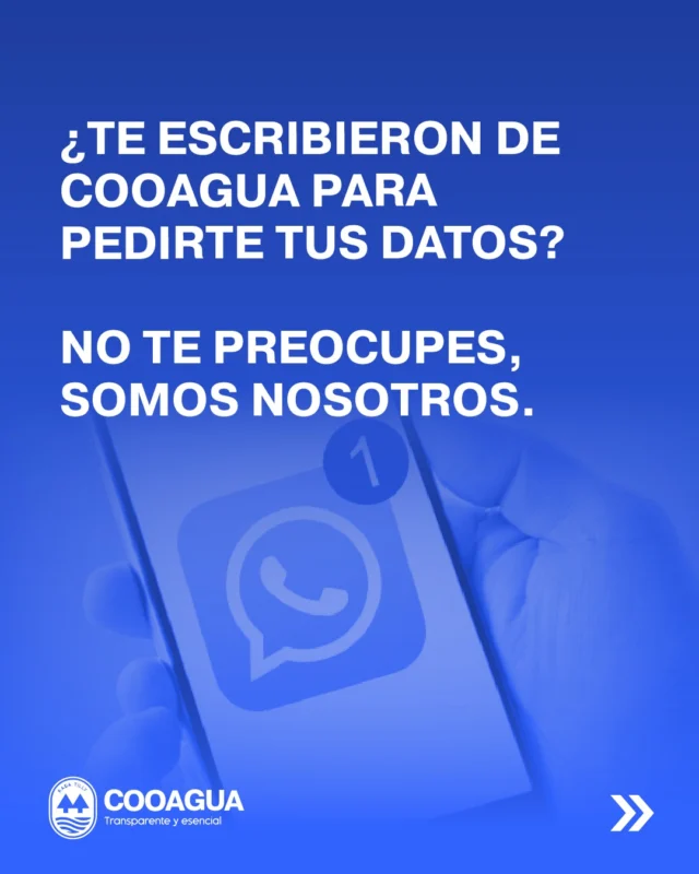 Sí, somos nosotros 👩🏻‍💻👨🏻‍💻Estamos actualizando nuestra base de datos y podríamos contactarte para corroborar tus datos y así mantener una comunicación más fluída.👉Verificá siempre que sean desde nuestros canales oficiales para esta campaña:📱 297 437 3304
✉️ basededatoscooagua@gmail.com🗣️Recordá que ya no se entregan facturas en papel y este paso es indispensable para que recibas tu factura digital.¡Muchas gracias por tu colaboración!