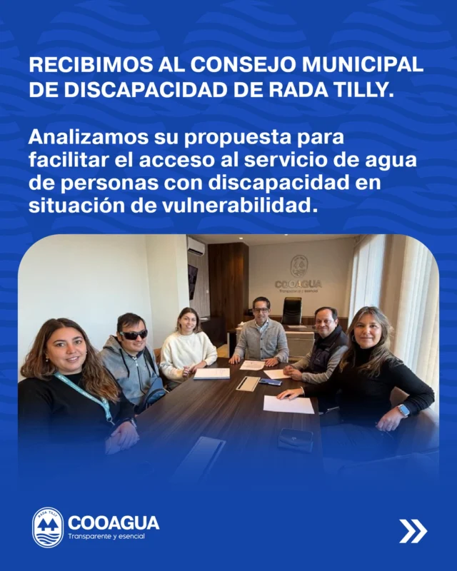 Recibimos en nuestra sede al Consejo Municipal de Discapacidad de Rada Tilly, encabezado por su presidente, Martín Charlano, para analizar una propuesta destinada a evaluar un régimen de beneficios para personas con discapacidad que acrediten determinadas condiciones socioeconómicas y sanitarias.En representación de COOAGUA participaron nuestro presidente, Carlos Barrios Daporta, la vocal Eugenia Spinassi y el gerente general Omar Pastorini, quienes mantuvieron una reunión de trabajo junto a Luciana Zárate  y Valentina Gallego  para conocer en detalle la iniciativa presentada por el Consejo.Durante el encuentro se acordó avanzar en el análisis de la propuesta y evaluar distintas alternativas que permitan brindar una respuesta responsable, contemplando tanto las necesidades de las personas con discapacidad como la sustentabilidad del servicio que presta la Cooperativa.Agradecemos al Consejo Municipal de Discapacidad por acercar la iniciativa y por el trabajo que realizan diariamente en favor de una comunidad más inclusiva.