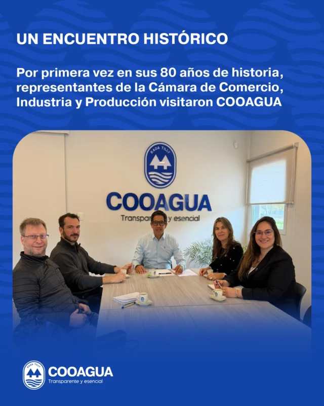 🤝 FORTALECIENDO VÍNCULOS INSTITUCIONALESRecibimos en nuestras instalaciones a representantes de la Cámara de Comercio, Industria y Producción de Comodoro Rivadavia y Rada Tilly (CACIPCR), en un encuentro que marca un hecho significativo: es la primera vez, en los 80 años de historia de la Cámara, que sus autoridades visitan COOAGUA.Nos acompañaron Alexis Tögel, presidente de CACIPCR, e Ignacio Barbacci, integrante de la Comisión de Rada Tilly y Socios de la institución.Durante la reunión compartimos nuestra historia, los avances en la gestión del servicio de agua potable y los proyectos que estamos impulsando para el futuro de Rada Tilly. También conocimos las iniciativas y perspectivas de desarrollo de la Cámara, una institución con presencia activa en nuestra ciudad.